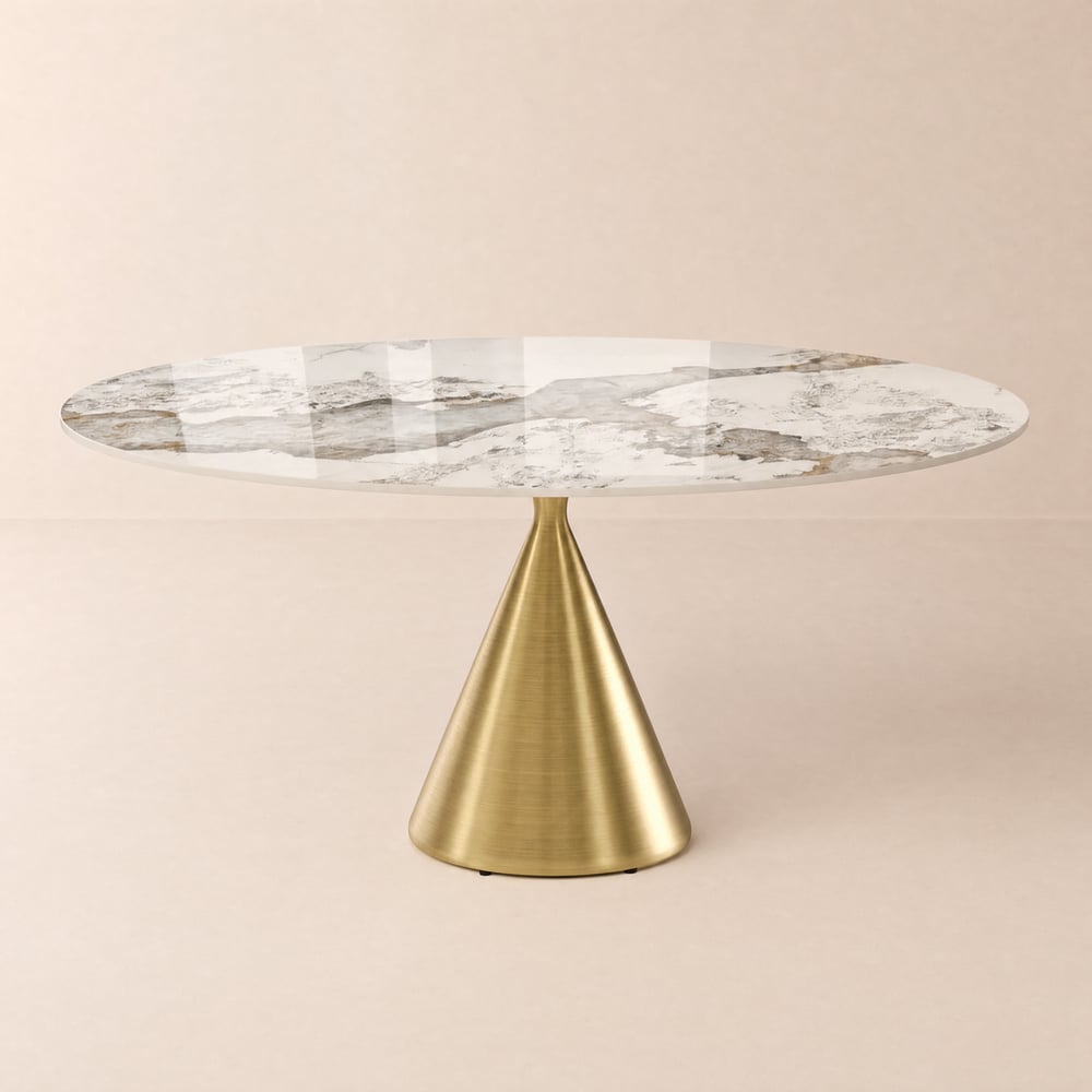 150 cm Round Glossy Sintered Stone Dining Table with Gold Metal Pedestal Base, Seats 6 window image