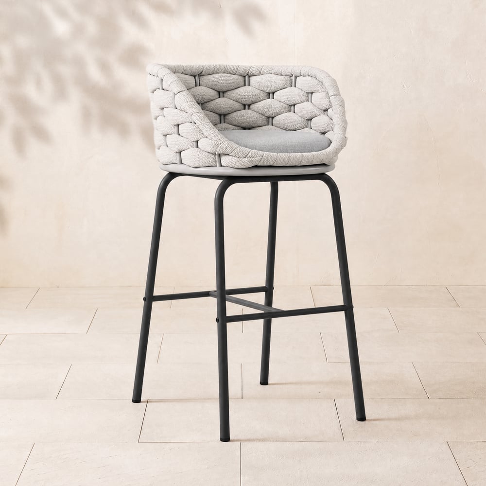 2 Stück Outdoor Stuhl Patio Geflechtseil & Aluminium 97 cm Barhocker Set Cocaro mit Drehsockel Schaufensterbilder