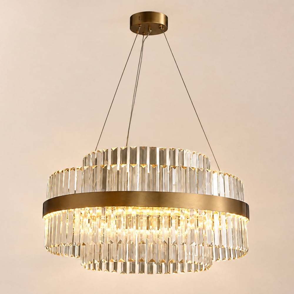 Fixedo Modern Tiered Crystal LED Chandelier in Brass Light window image