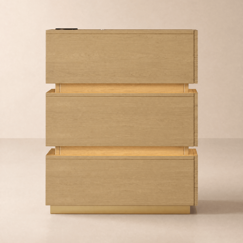Lumio Wood 3-Drawer Natural Narrow Nightstand with LED Light & Charging Station window image