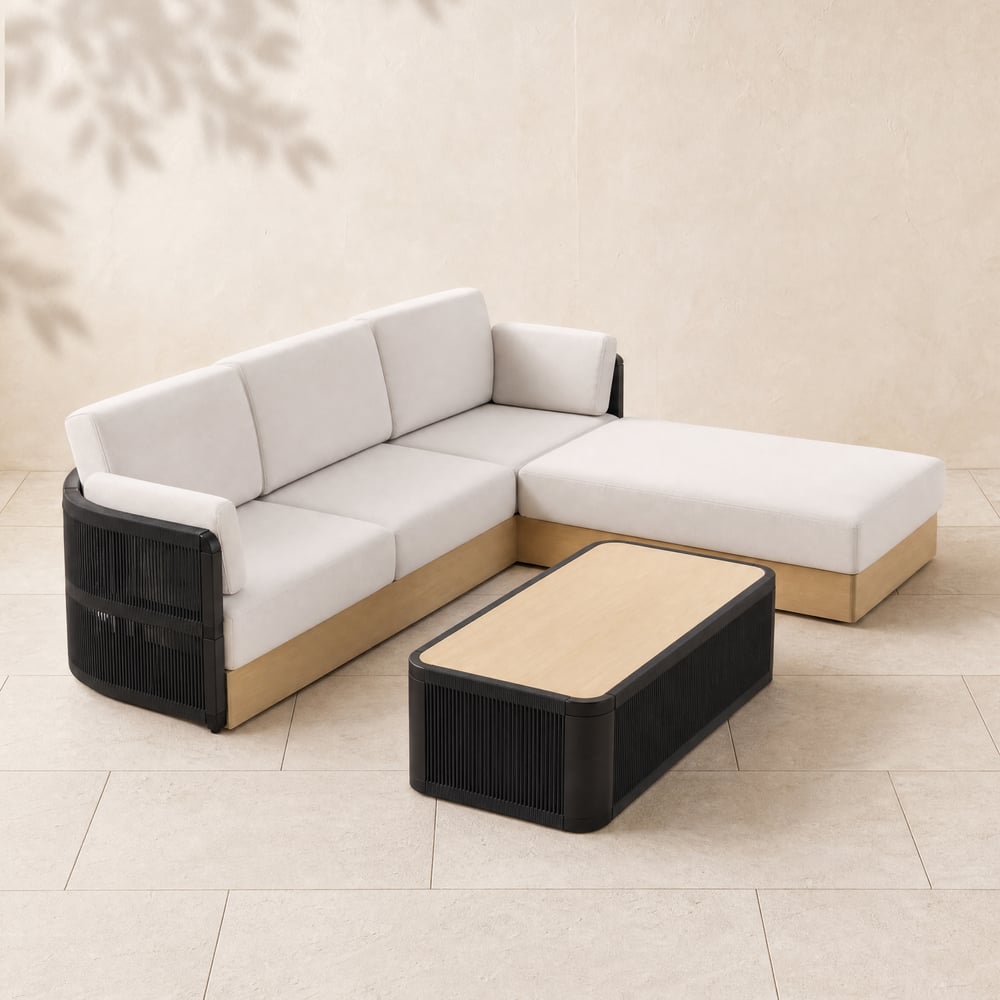 Zestaw mebli ogrodowych Costra Woven Outdoor z regulowanym szezlongiem i stolikiem kawowym, czarny obraz okna