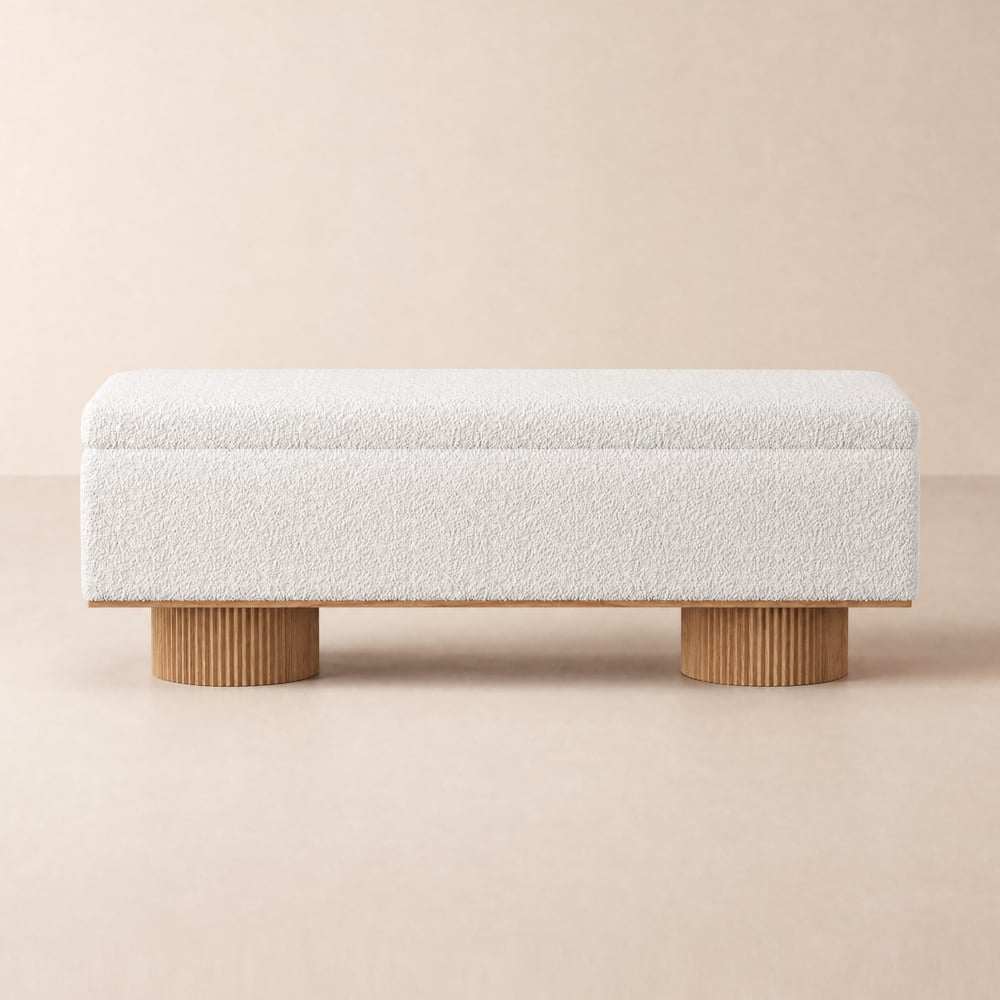 Pluizige houten opbergbank van imitatiebont van teddystof Vensterafbeelding