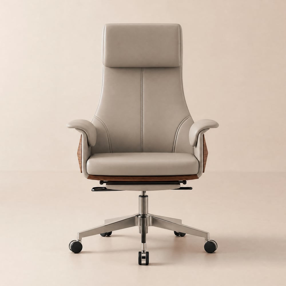 Faux Leather Office Swivel Chair with High Back, Reclining Function, and Footrest in Khaki window image