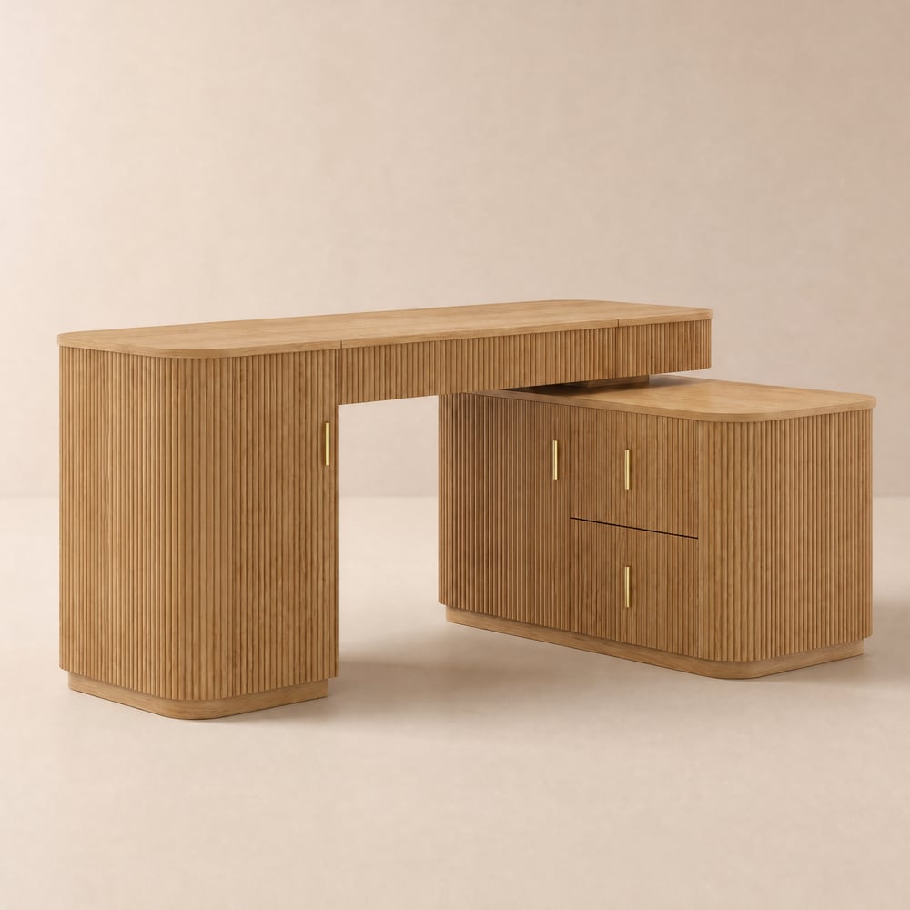 Velign 65" L-Shape Natural Executive Desk with Right-Side Cabinet window image