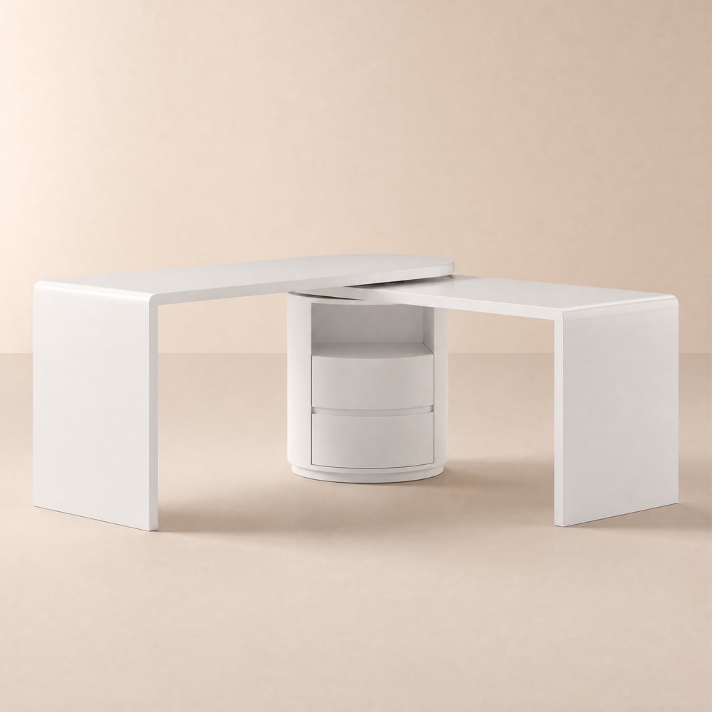 Modern 60" L-Shaped Matte Warm White Executive Desk with Drawers, Rotating Design window image