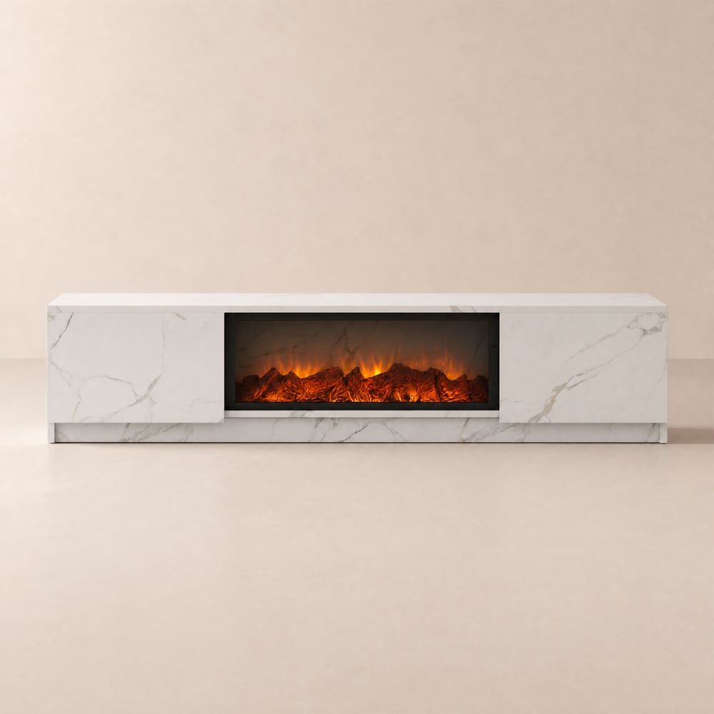 180 cm Marble Veneer LED Flame TV Stand with 2 Drawers window image
