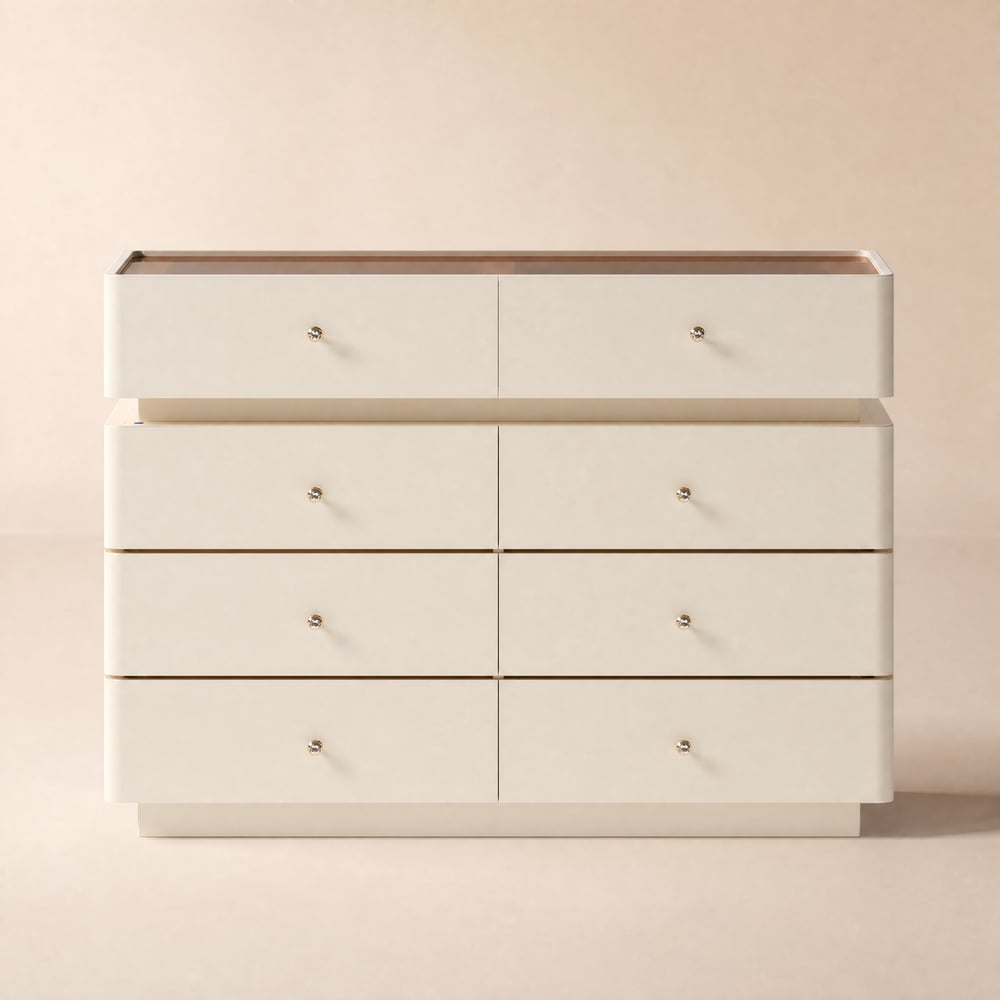 Modern 47" Tempered Glass Top 8-Drawer White Dresser with LED & Jewelry Trays window image