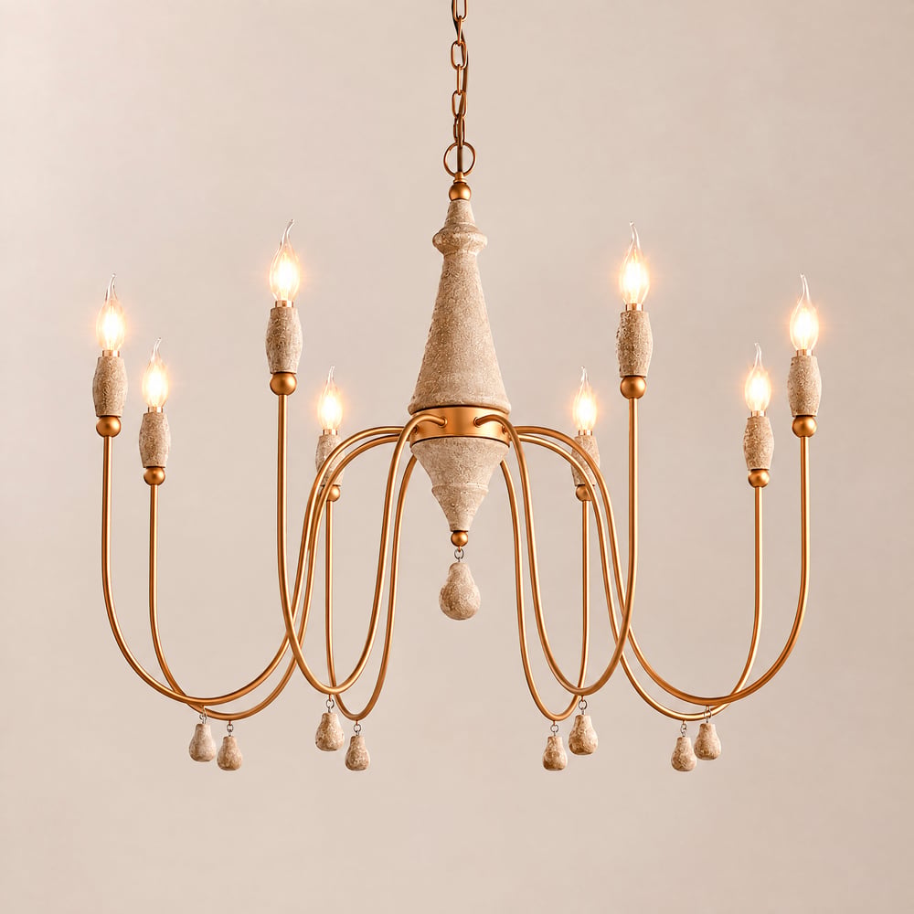 Mid Century Modern Farmhouse 8-Light Candle-Style Chandelier Wood Pendant Light in Gold window image