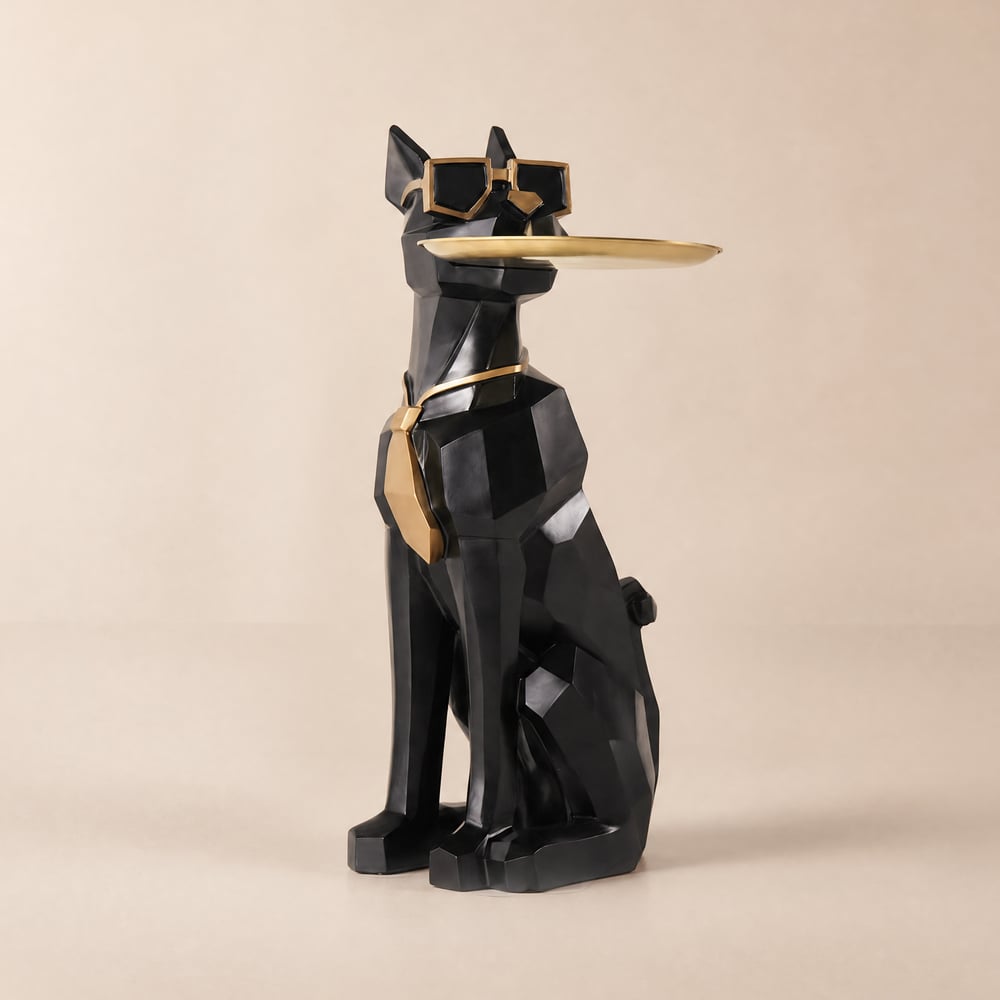 Table d’appoint sculpturale noire en résine forme chien avec plateau et porte-mouchoirs image de fenêtre