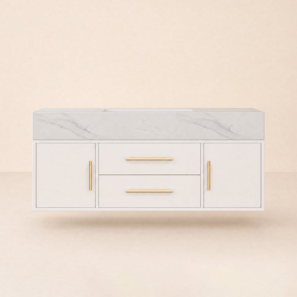 Modern 39" White Floating Single Bathroom Vanity with Sintered Stone Top and Sink window image