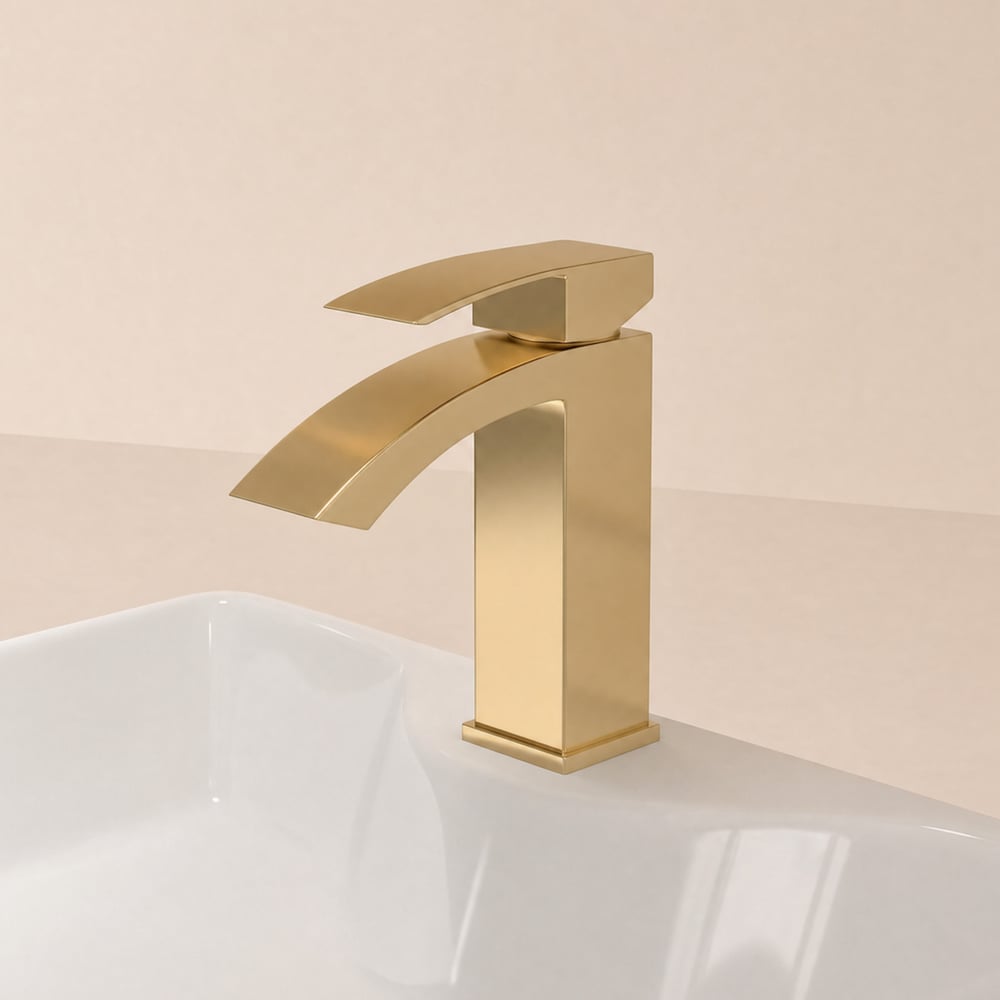 Ridge Contemporary Style Brushed Gold Single Hole Deck Mounted Bathroom Sink Faucet window image