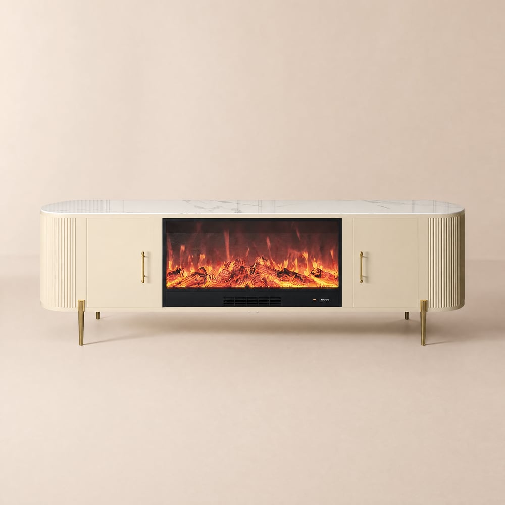 Soporte de TV con chimenea eléctrica con tapa de piedra sinterizada de 78.7 pulgadas con control remoto y almacenamiento Imagen de ventana