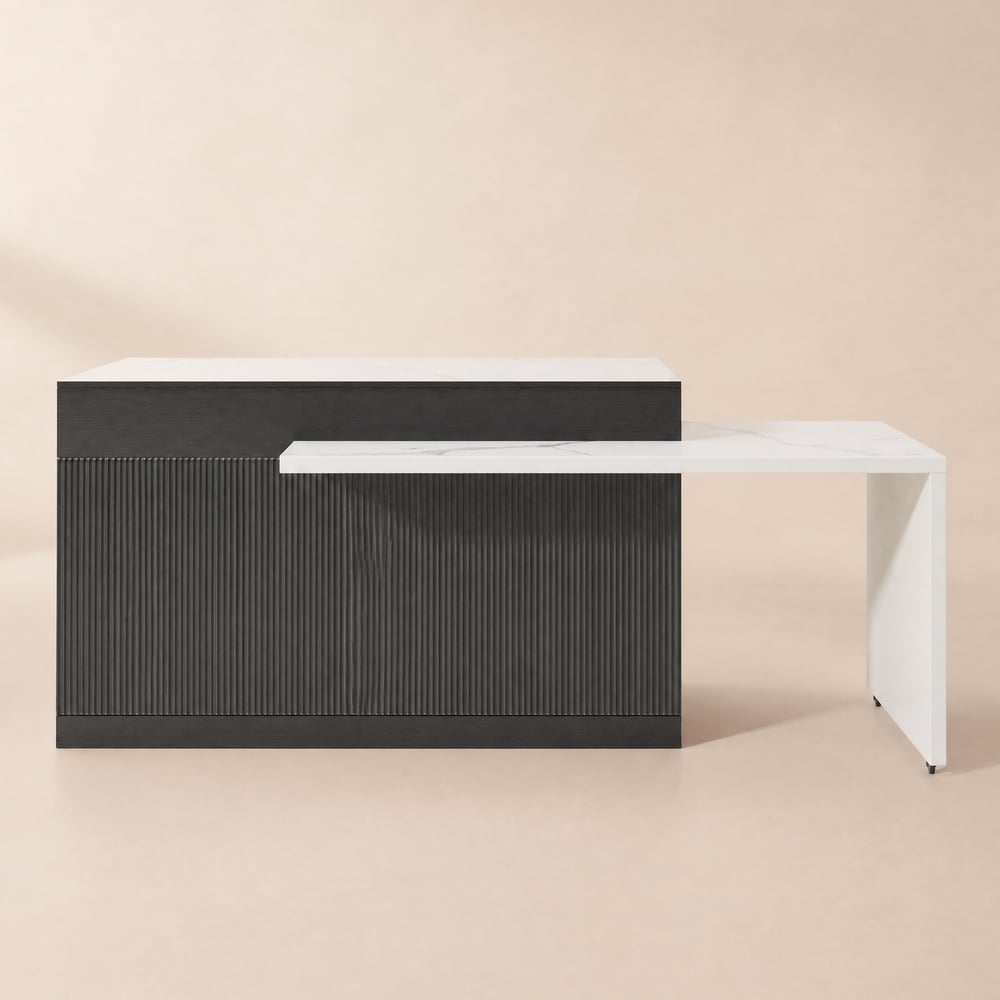 Îlot central de cuisine moderne extensible 205-284 cm avec plateau en pierre frittée blanc et noir et rangement image de fenêtre