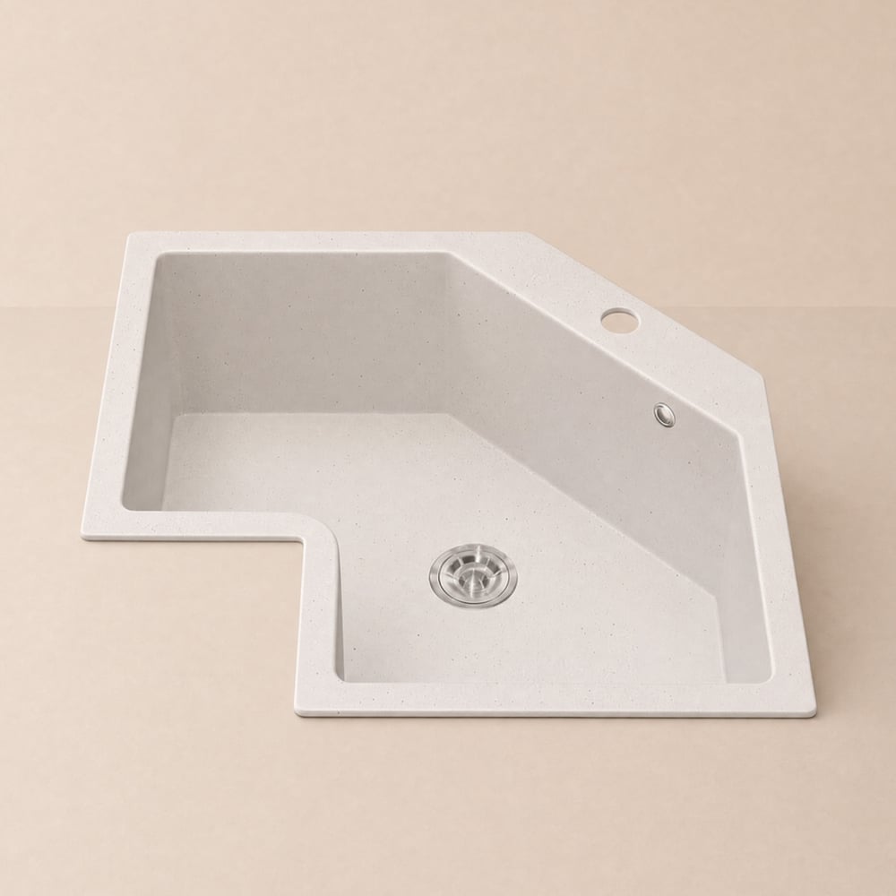 Drop In Corner Irregular Kitchen Sink White 640mm Quartz window image
