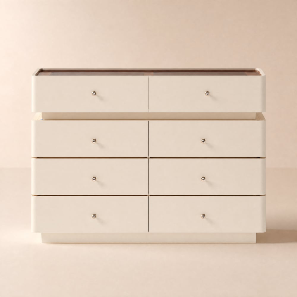 Modern 120 cm Tempered Glass Top 8-Drawer White Dresser with LED and Jewelry Trays window image