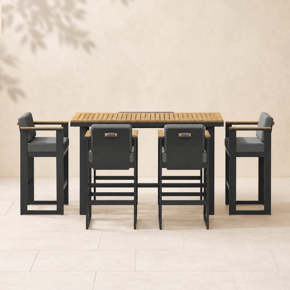 Tevara 7-Piece Outdoor Teak Wood Modern Bar Dining Table Set with 6 Chairs window image