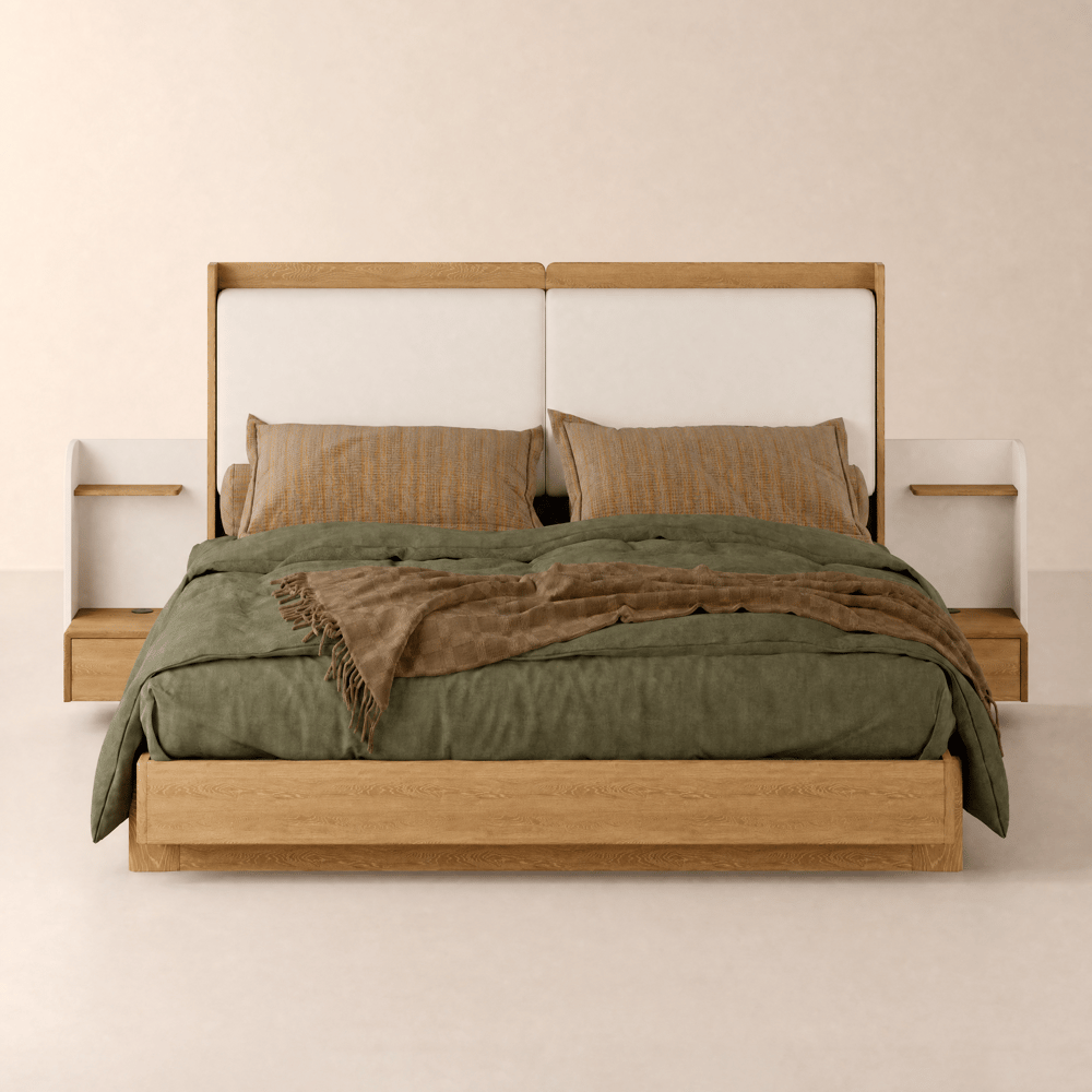 King Solid Wood Bed with Leather Extended Headboard & Floating Smart Nightstand Set window image