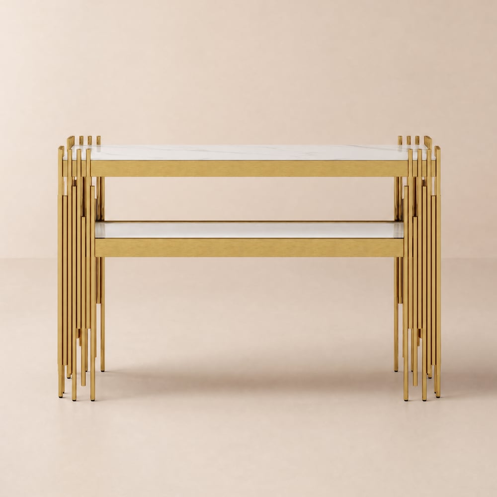 Moderne Table Console Étroite en Pierre Frittée de 119 cm avec Étagère de Rangement et Pieds Dorés image de fenêtre