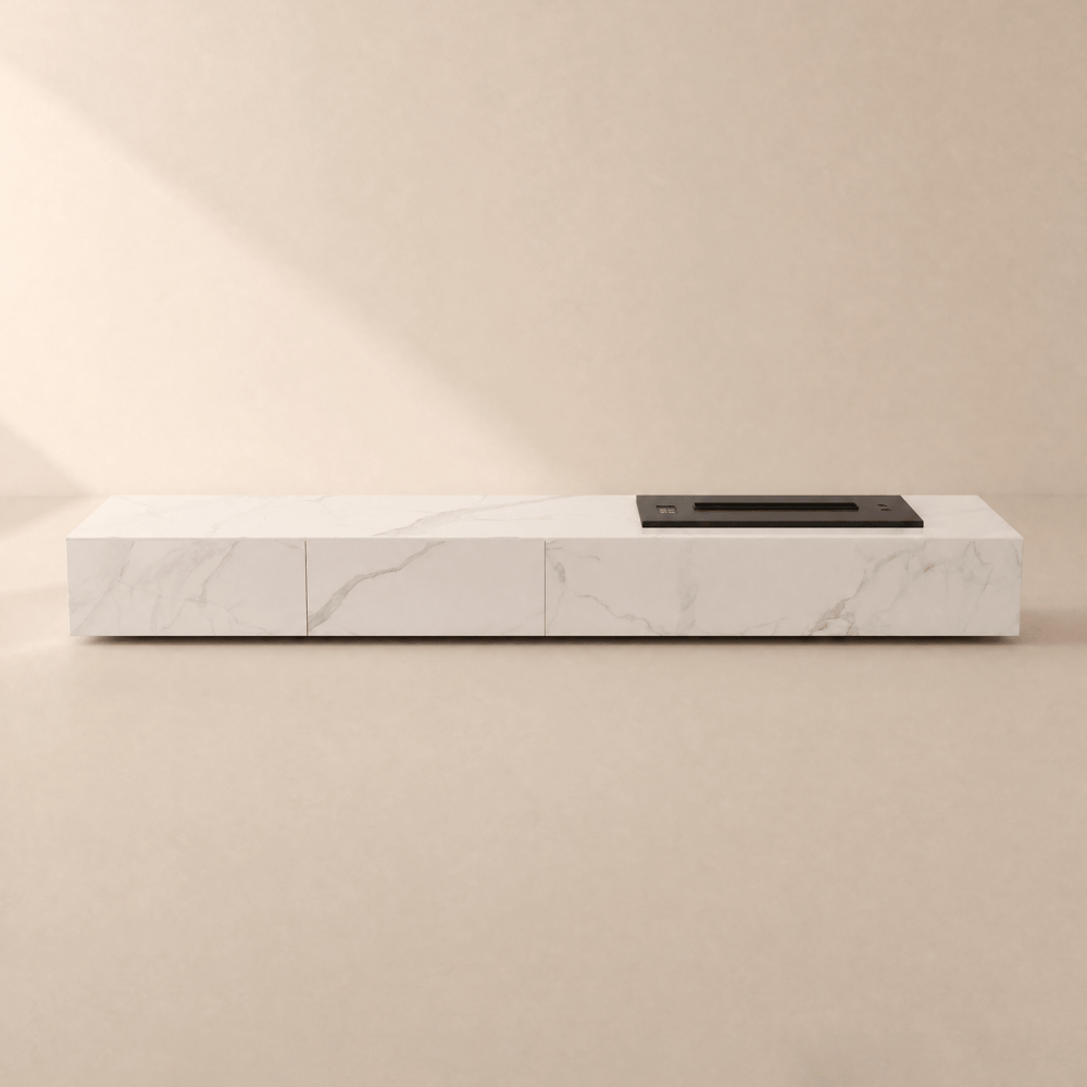 Meuble TV bas de 220 cm en pierre frittée avec effet flamme LED et humidificateur, avec 2 tiroirs image de fenêtre