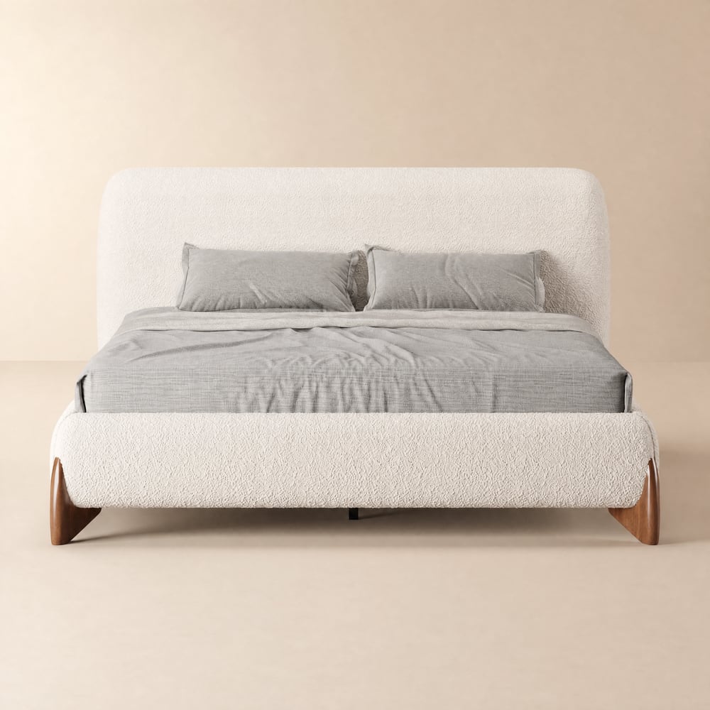 Cama Curva de 160 x 200 cm estofada em bouclé de perfil baixo com pés com acabamento em nogueira Imagem da janela