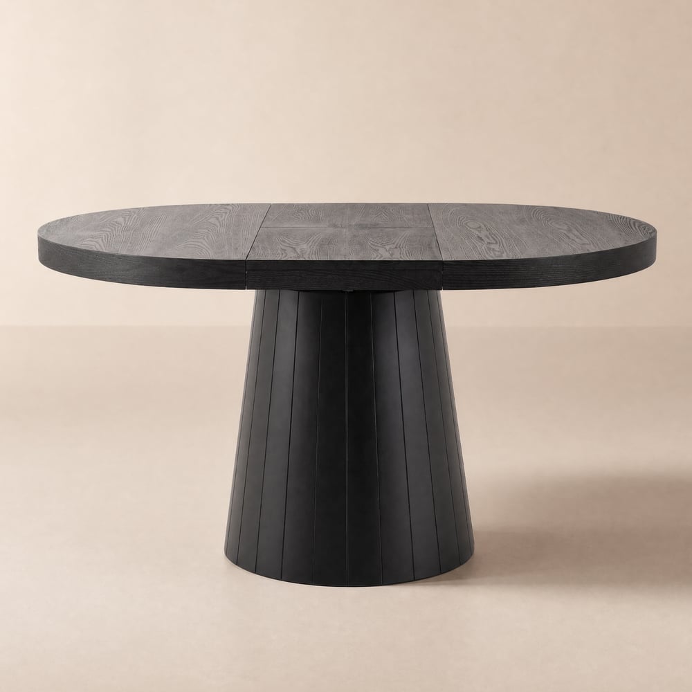 Japandi 39"–55" Extendable Round-to-Oval Wood Dining Table–Black, Seats 4-6 window image