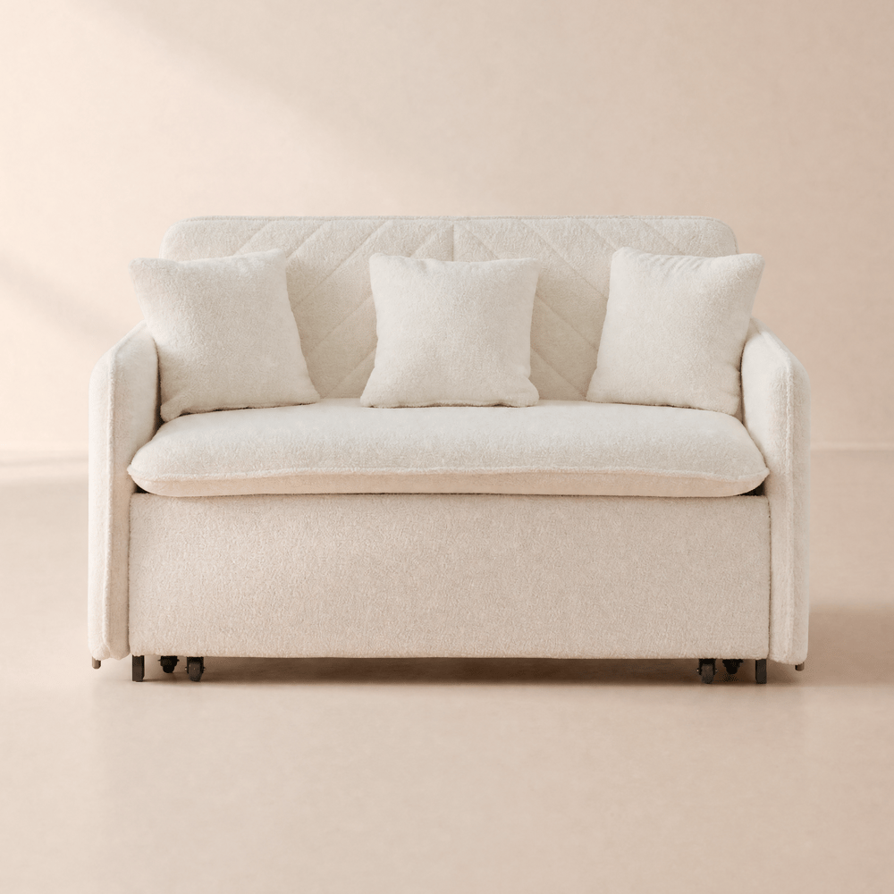 135 cm 1-Seater Warm White Boucle Convertible Sleeper Sofa with Storage & Pillows window image