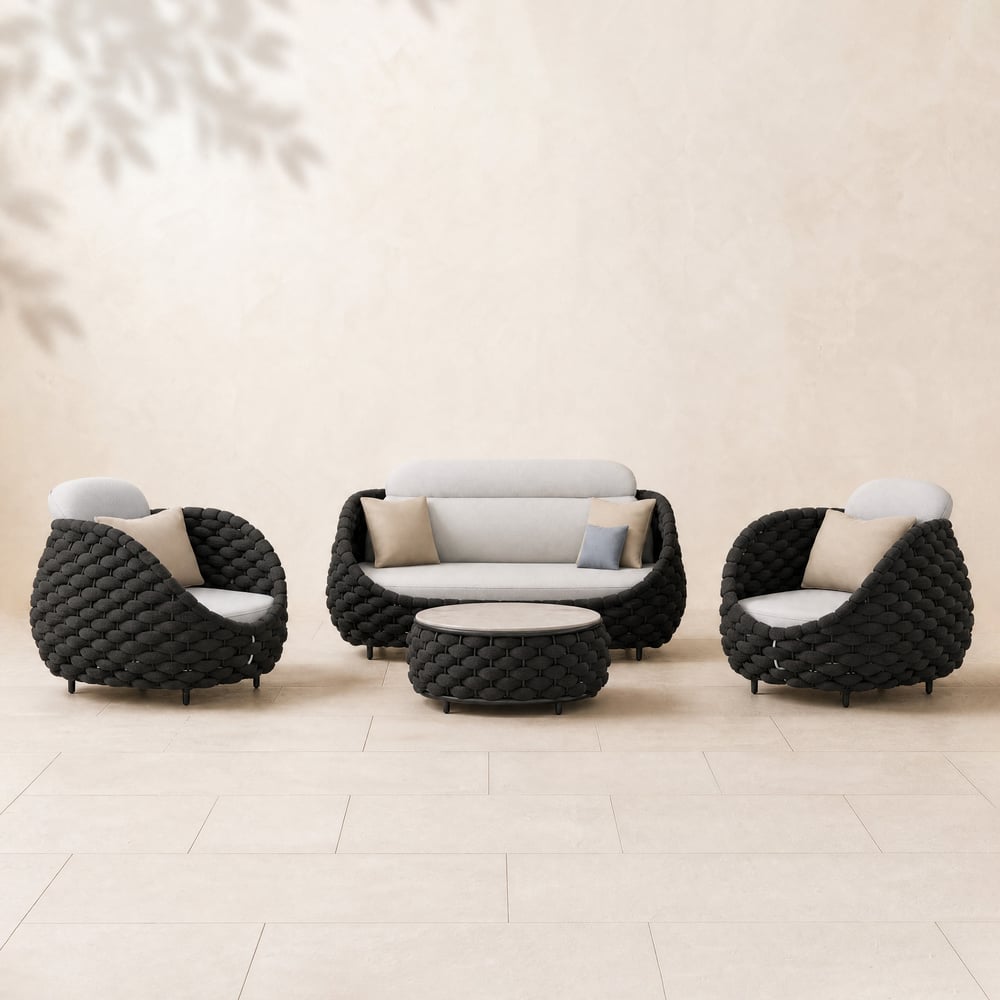 4-piece Cocaro Rope Weave Garden Furniture Set with Coffee Table and Swivel Base, Dark Grey window image