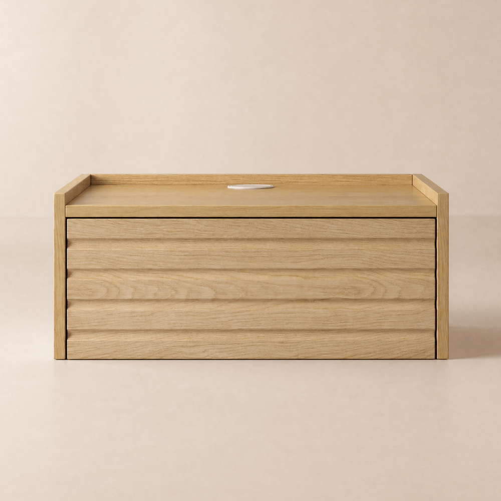 Table de chevet flottante en bois à 1 tiroir avec lumière et station de charge image de fenêtre