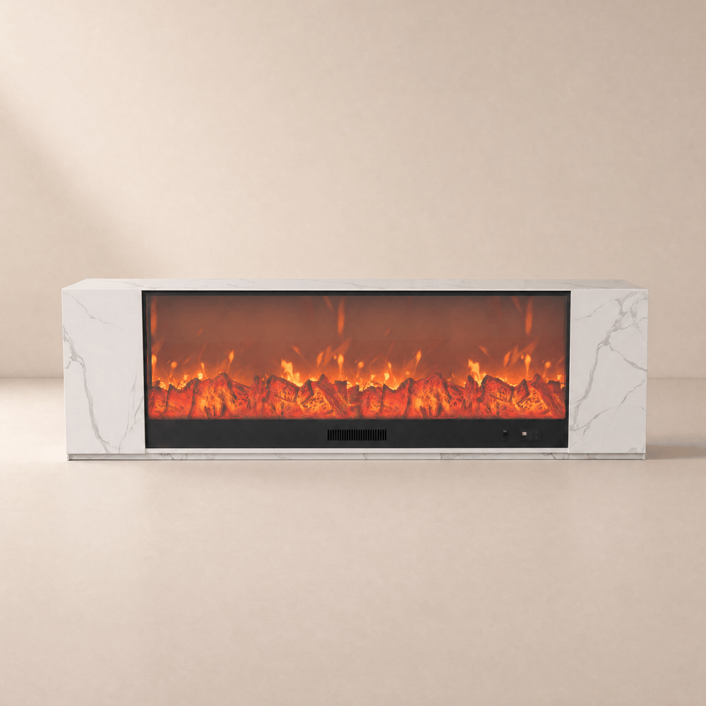 79" Sintered Stone Electric Fireplace TV Stand with Remote Control window image