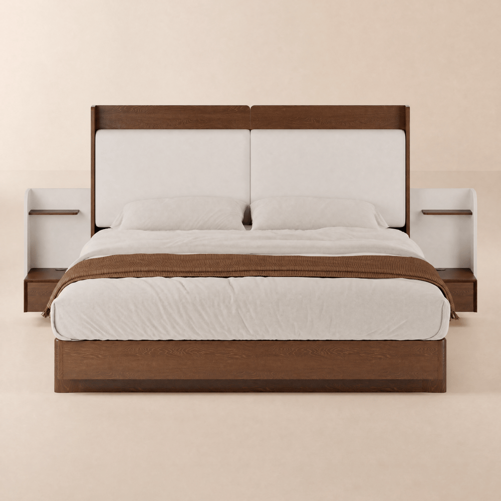 Modern Upholstered Bed with Headboard and Floating Bedside Tables in Natural window image