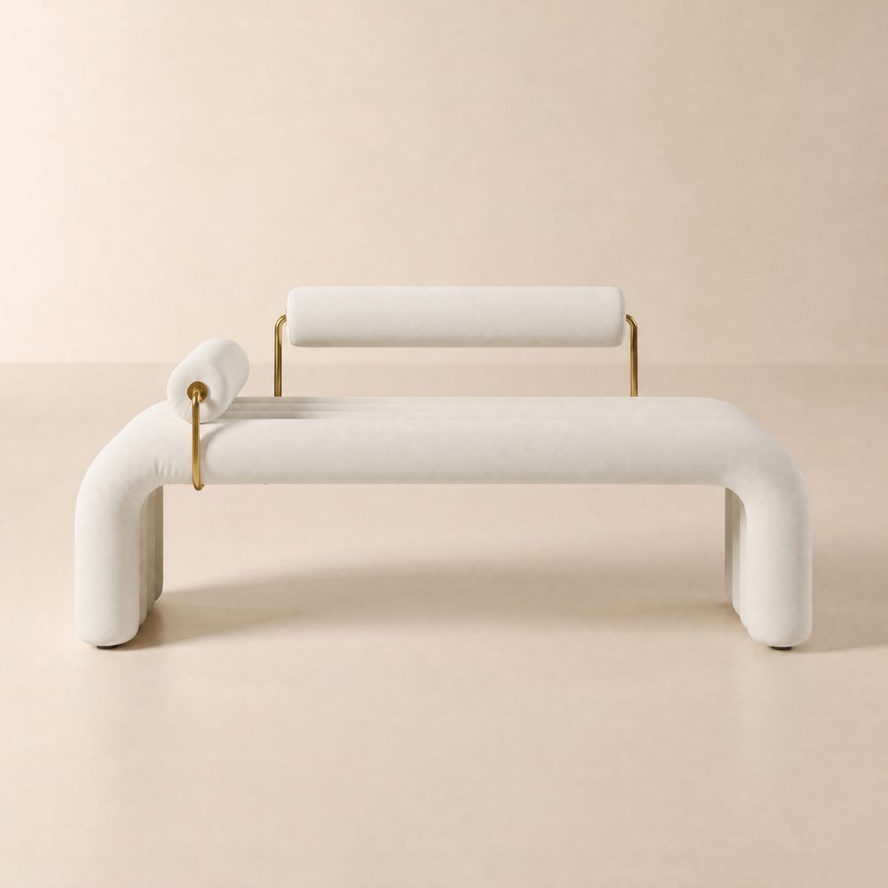 Entrance bench with line upholstered in velvet with buttons, gold finish window image