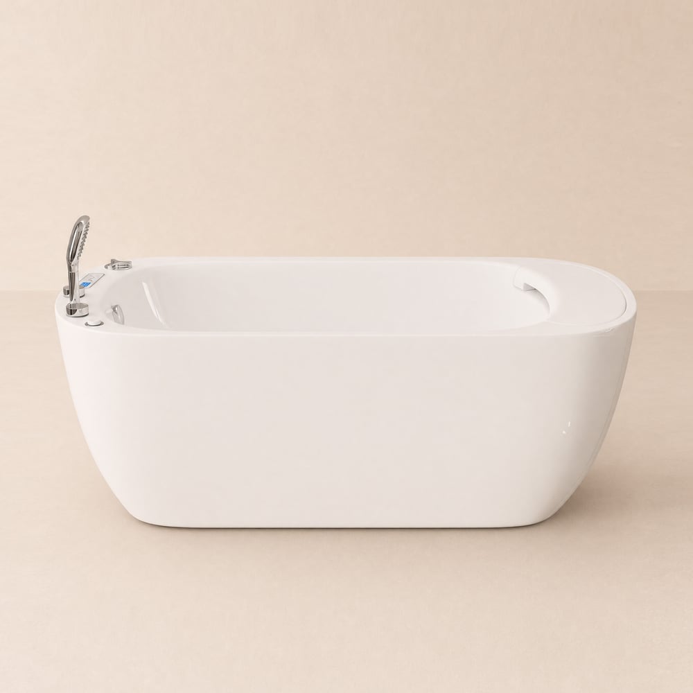 Baignoire balnéo de 170 cm avec contrôle thermostatique, 11 jets de massage, oreiller cascade LED image de fenêtre
