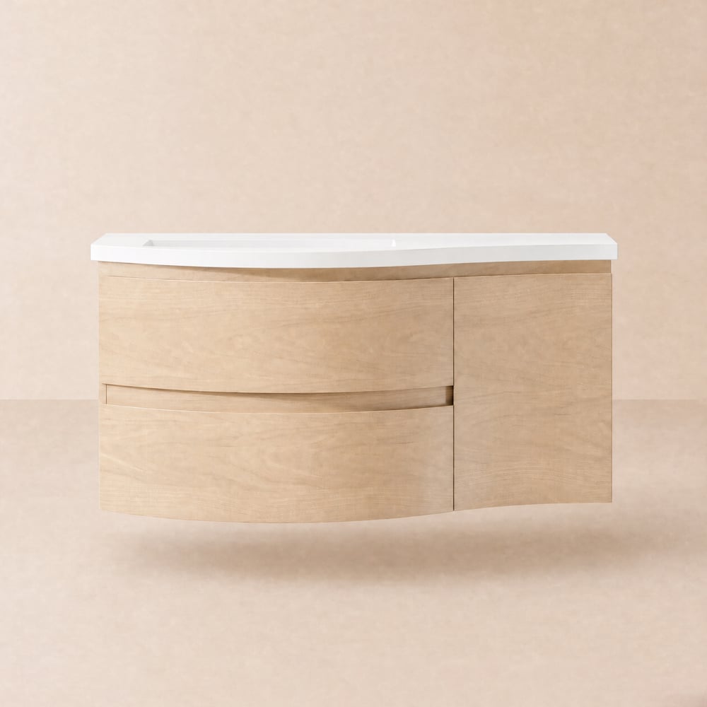 Lavabo a parete curvo con lavabo e spazio di archiviazione, 90 cm Immagine della finestra