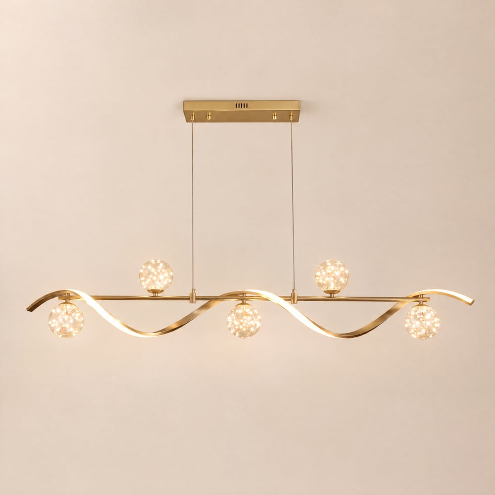 Lineare LED-Kücheninselbeleuchtung mit 6 Leuchten, goldfarben, mit Glaskugelschirm, dimmbar Schaufensterbilder