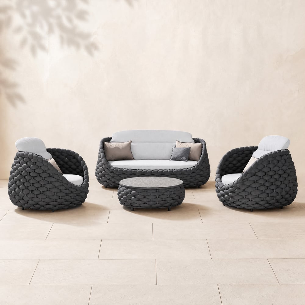 Cocaro 4-Piece Outdoor Rope Weave Sofa Set with Coffee Table in Dark Grey window image