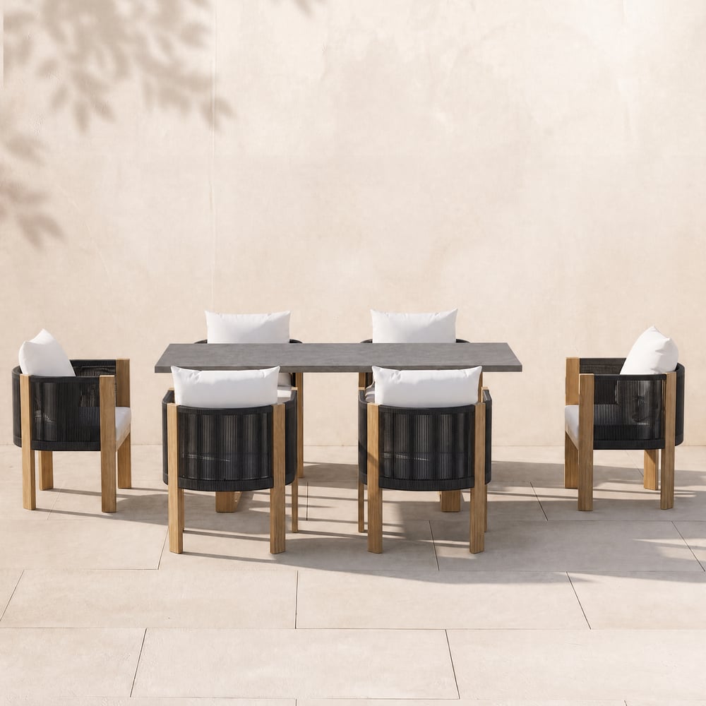 7 Pieces Modern Outdoor Dining Set with Rectangle Table and Woven Rope Chair in Grey window image