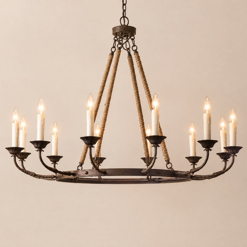 Bever Vintage 12-Light Candelabra Wagon Wheel Chandelier with Flaxen Hemp Rope window image