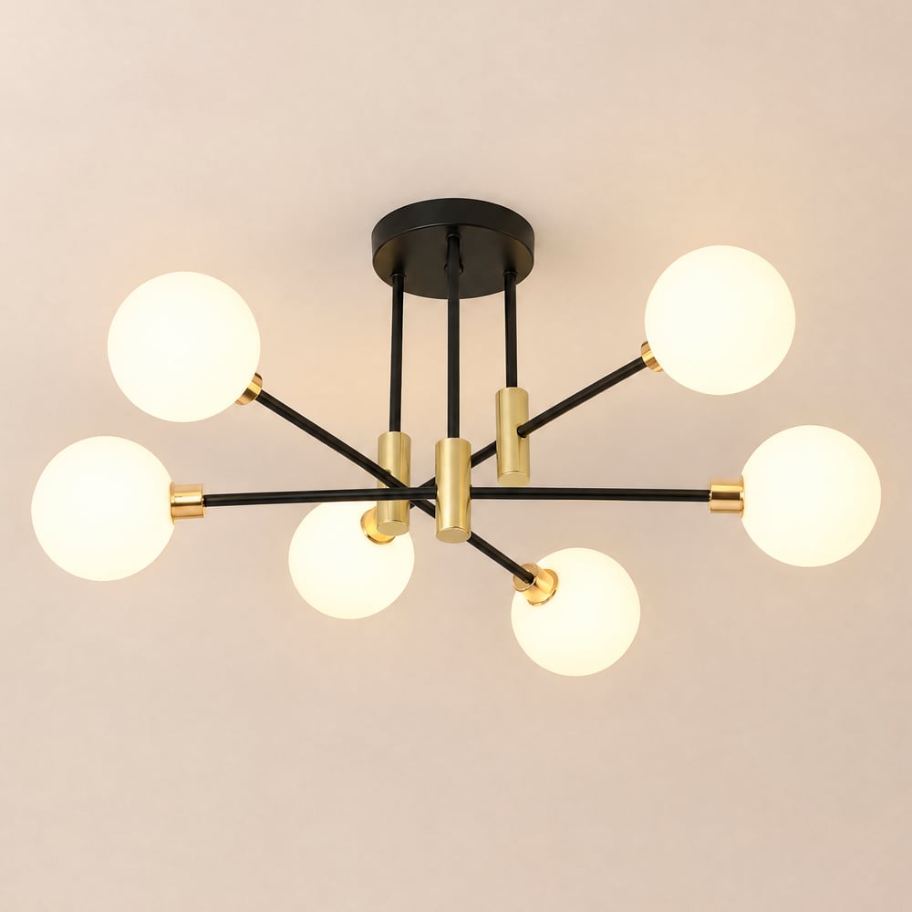 Modern White Glass 6-Light Semi-Flush Mount Chandelier window image