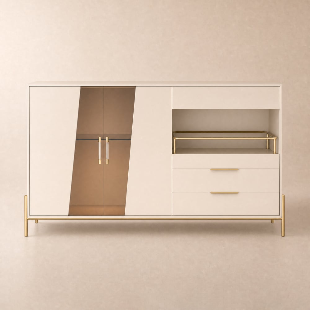 Aparador Dolawn de madera con bandeja y botellero 140 cm blanco Imagen de ventana