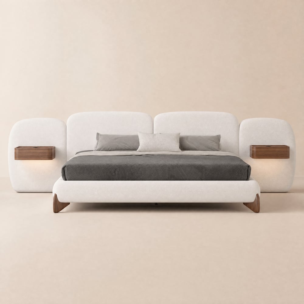 Cama Curva de 180 x 200 cm tapizada en bouclé con cabecero y mesitas de noche flotantes inteligentes Imagen de ventana