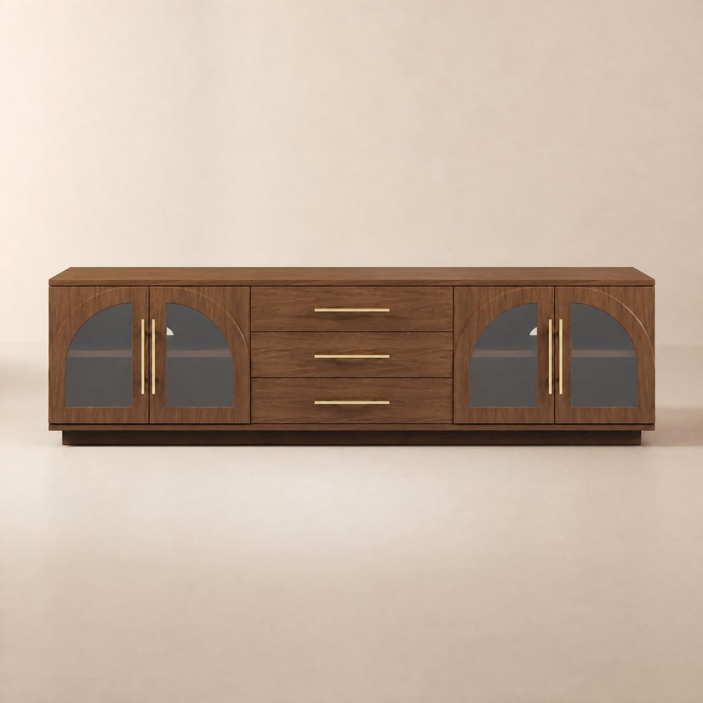 Meuble TV Arune 183 cm avec portes vitrées arquées, noyer, avec rangement et LED image de fenêtre