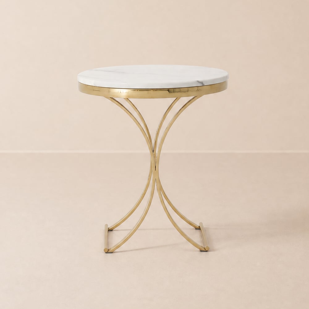 Modern Luxurious Round White Marble Stone Side Table X-Base End Table in Gold window image