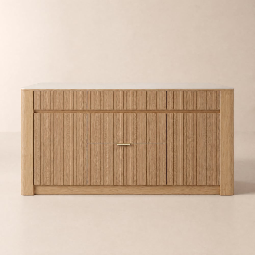 Isola Cucina Mid-Century 183 cm Lucida Pietra Sinterizzata Naturale con Contenitore Immagine della finestra