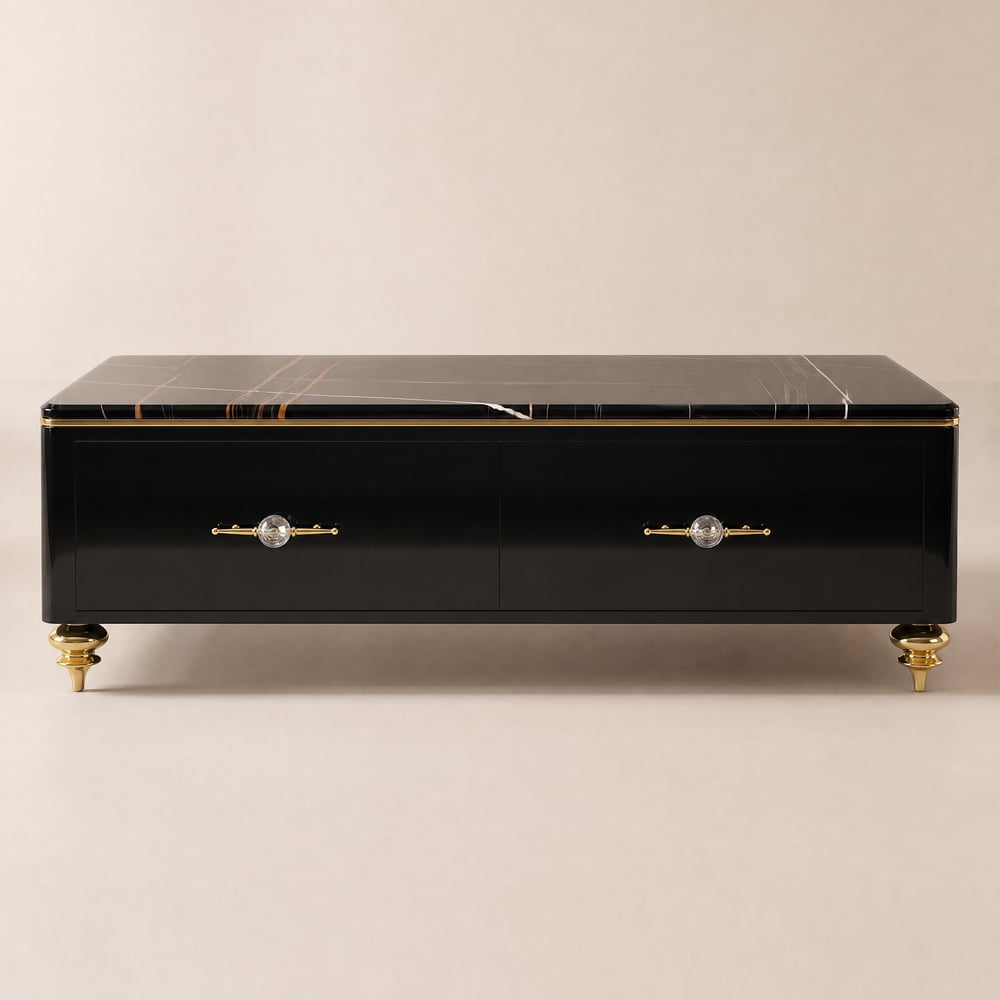 Mesa de centro moderna de mármore preto de 130 cm com 4 gavetas Imagem da janela