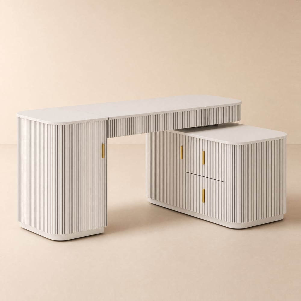 Velign 65" L-Shape White Executive Desk with Right-Side Cabinet window image