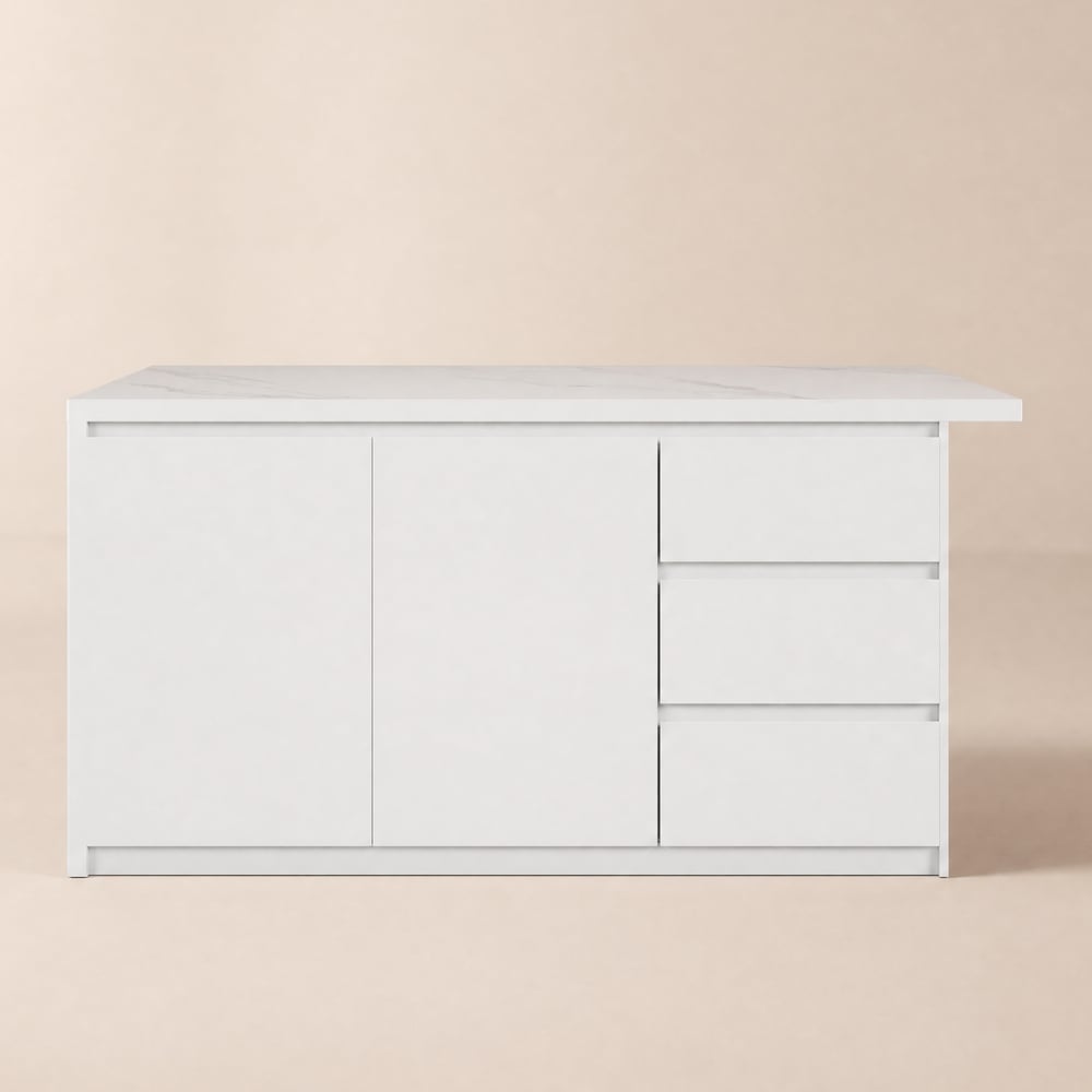 Îlot de cuisine moderne de 183 cm en pierre frittée avec un grand espace de rangement, blanc image de fenêtre