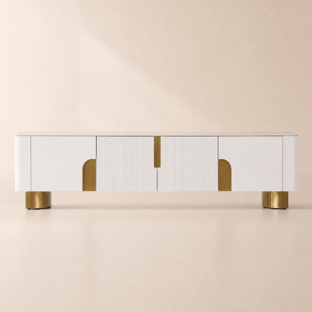 Meuble TV Artis 200 cm avec plateau en pierre, beige et or, 4 portes et rangement image de fenêtre