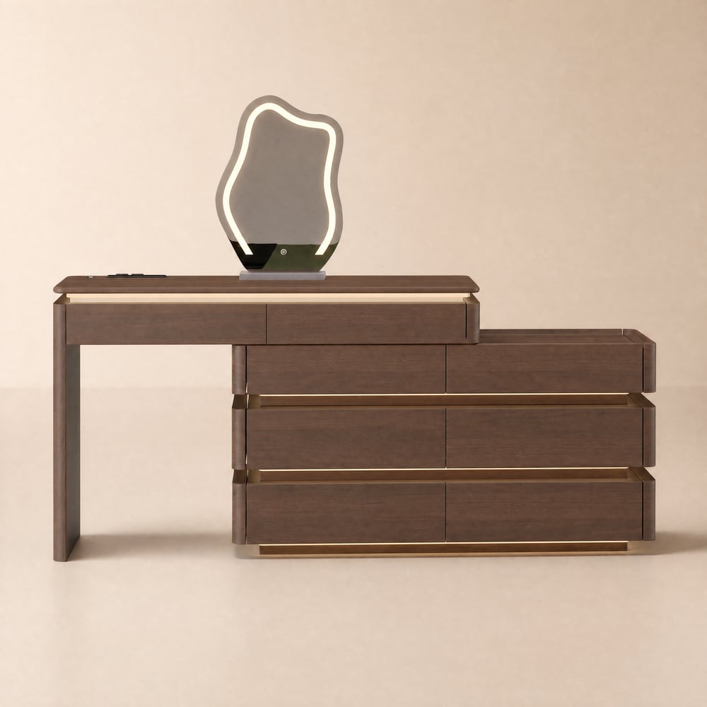 Coiffeuse lumineuse rétractable Lumio 120 cm finition noyer avec miroir, station de charge image de fenêtre