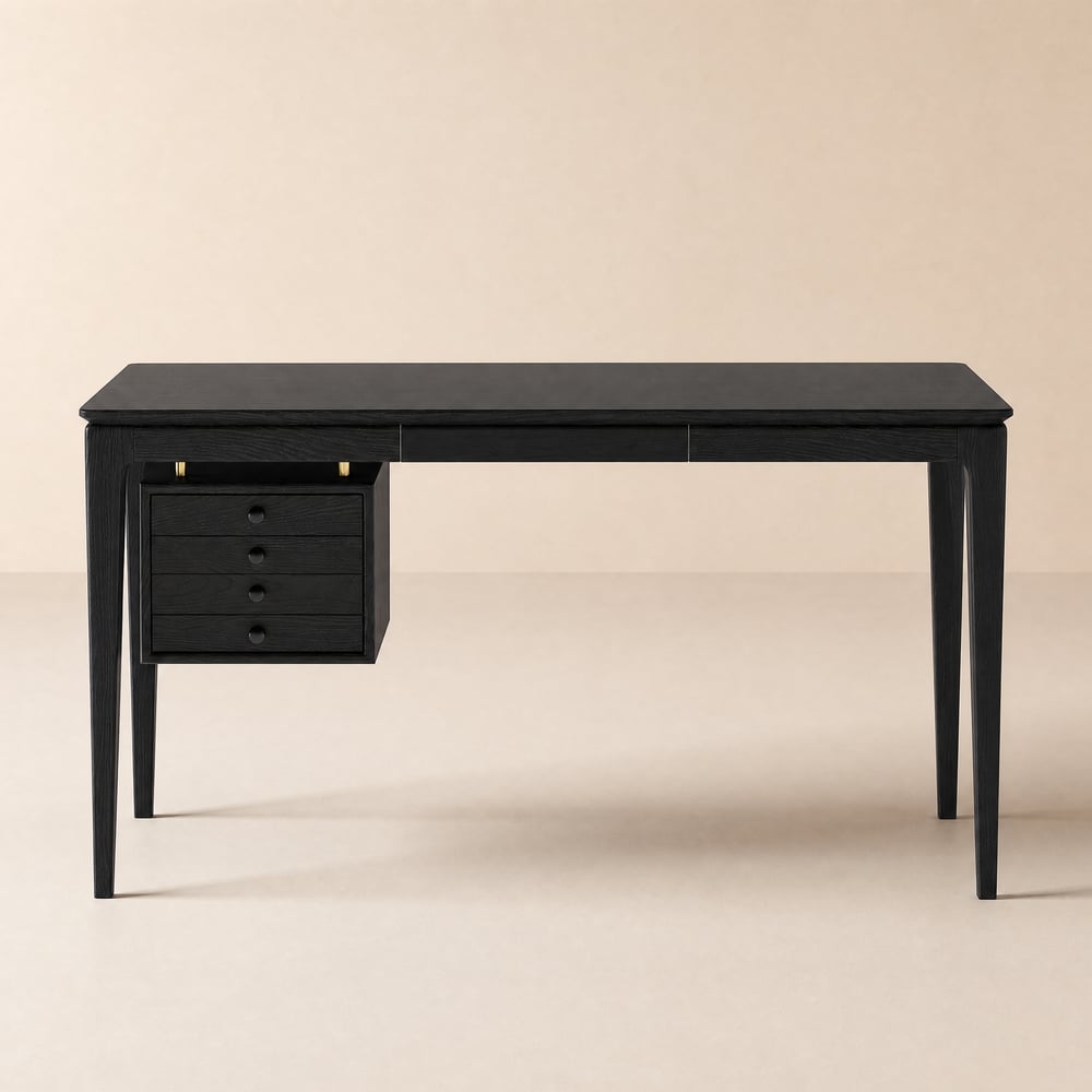 Mid-Century Modern 55" Rectangular Black Ash Wood Desk with 3 Drawers window image