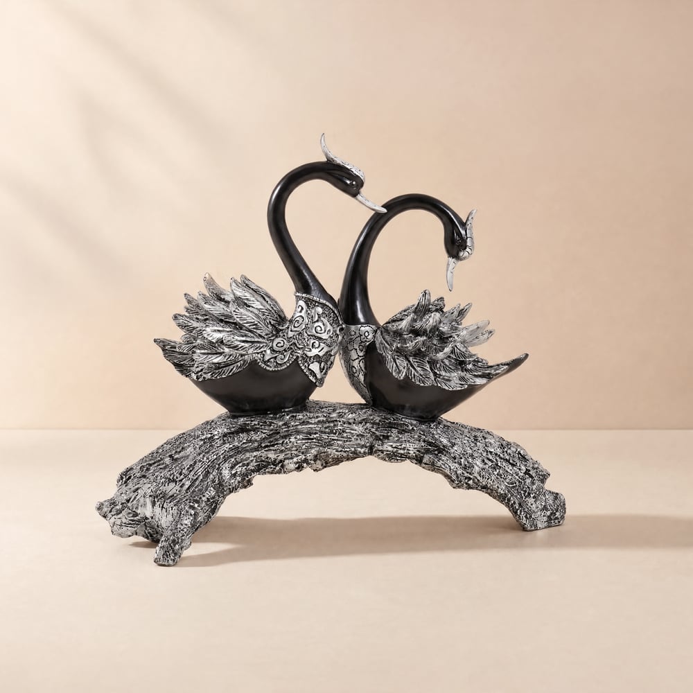 Swan Couple Resin Sculpture in Black & Silver for Home Table Decor window image